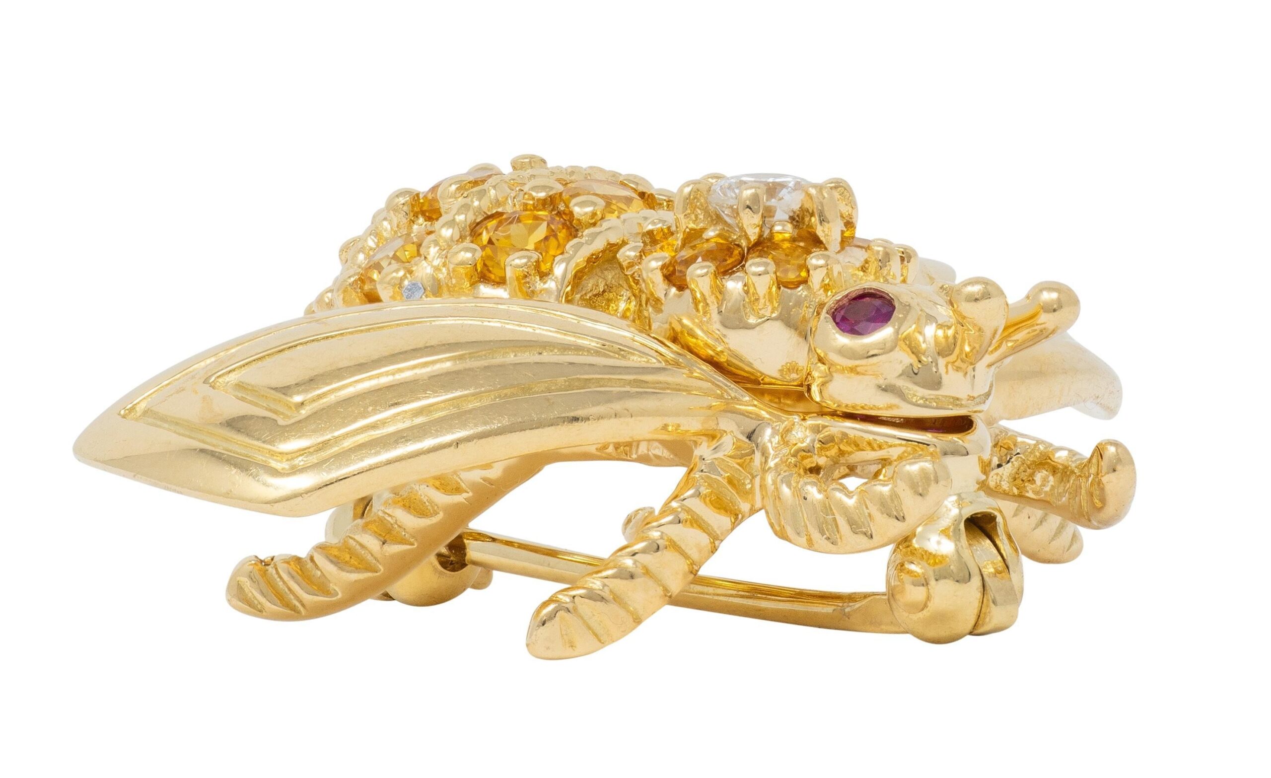 Brosche Biene Gold Edelsteine Diamant Rubin Saphir Vintage