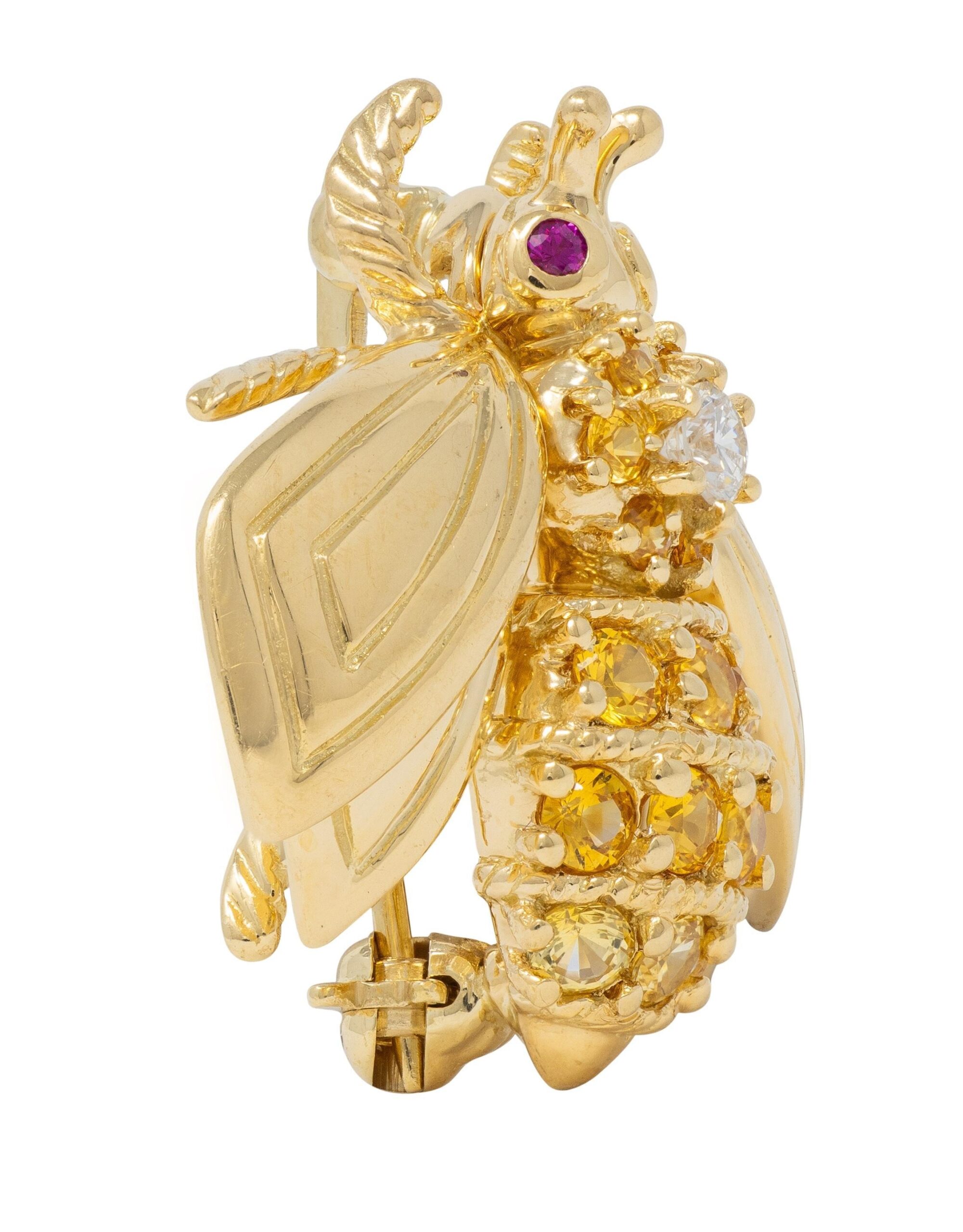 Brosche Biene Gold Edelsteine Diamant Rubin Saphir Vintage